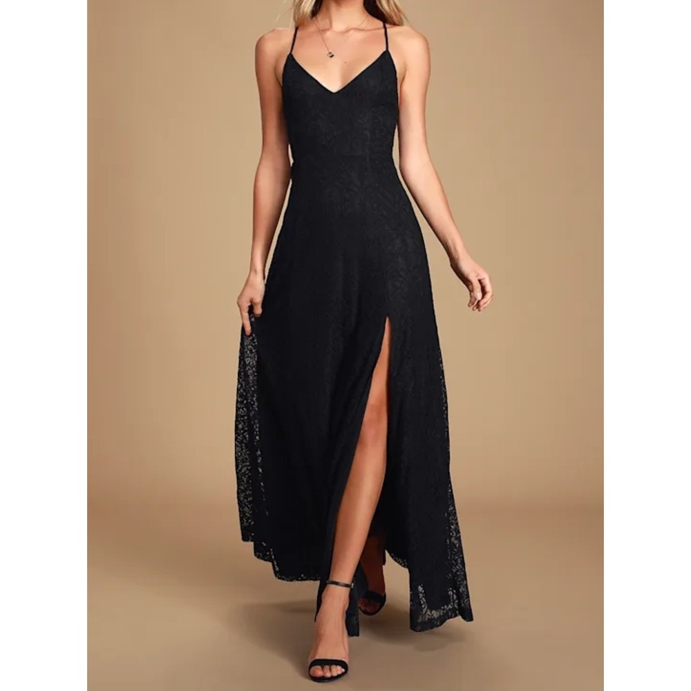 Lulus Destinee Lace Maxi Dress Womens S Black Front Slit Whimsigoth Dark Romance